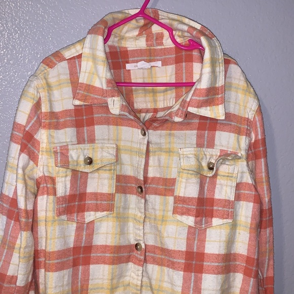 O’Neill plaid orange yellow beige long sleeve button down flannel top - Picture 2 of 6
